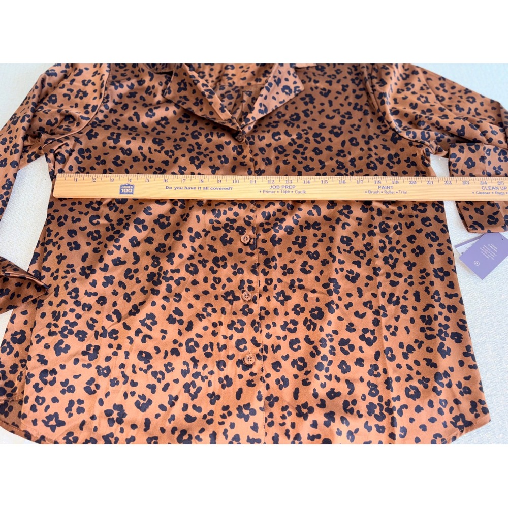 Auden Luxe Satin Pajama Top Large Brown New Leopard Print Button Down Shirt - Picture 9 of 10